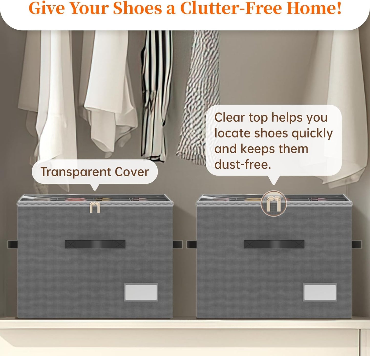 Shoe Organizer for Closet, Foldable Shoe Storage Containers, Fits up to 16 Pairs, Large Shoe Storage Organizer Box Cubby Baskets Bins with Clear Cover and Reinforced Handles, Gray