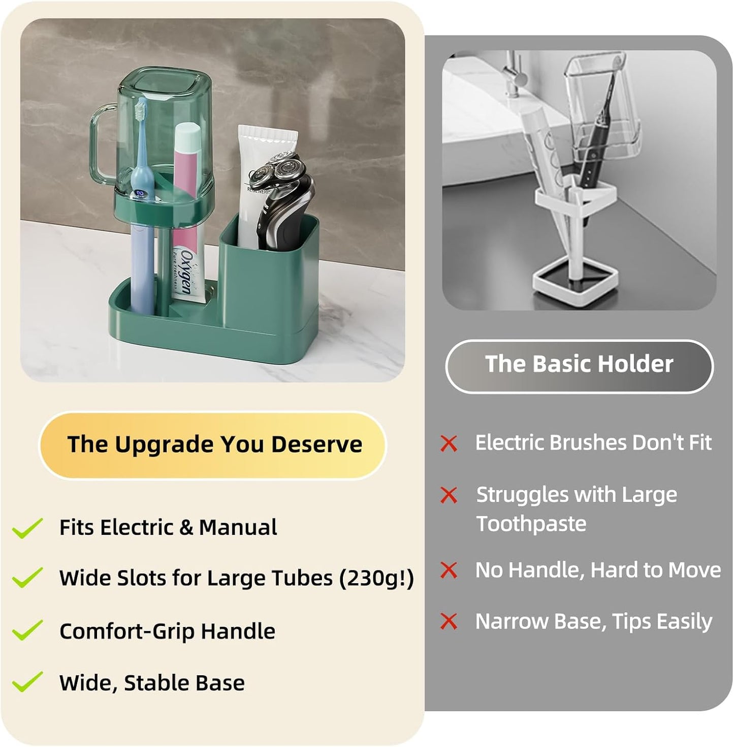 Toothbrush Holder with Cup/Cover Contains 2 Slots, Bathroom Counter Organizer for Electric Toothbrush, Toothpaste, Razors & Small Comb, Tooth Paste Holder for Home Hotel Countertop, Green