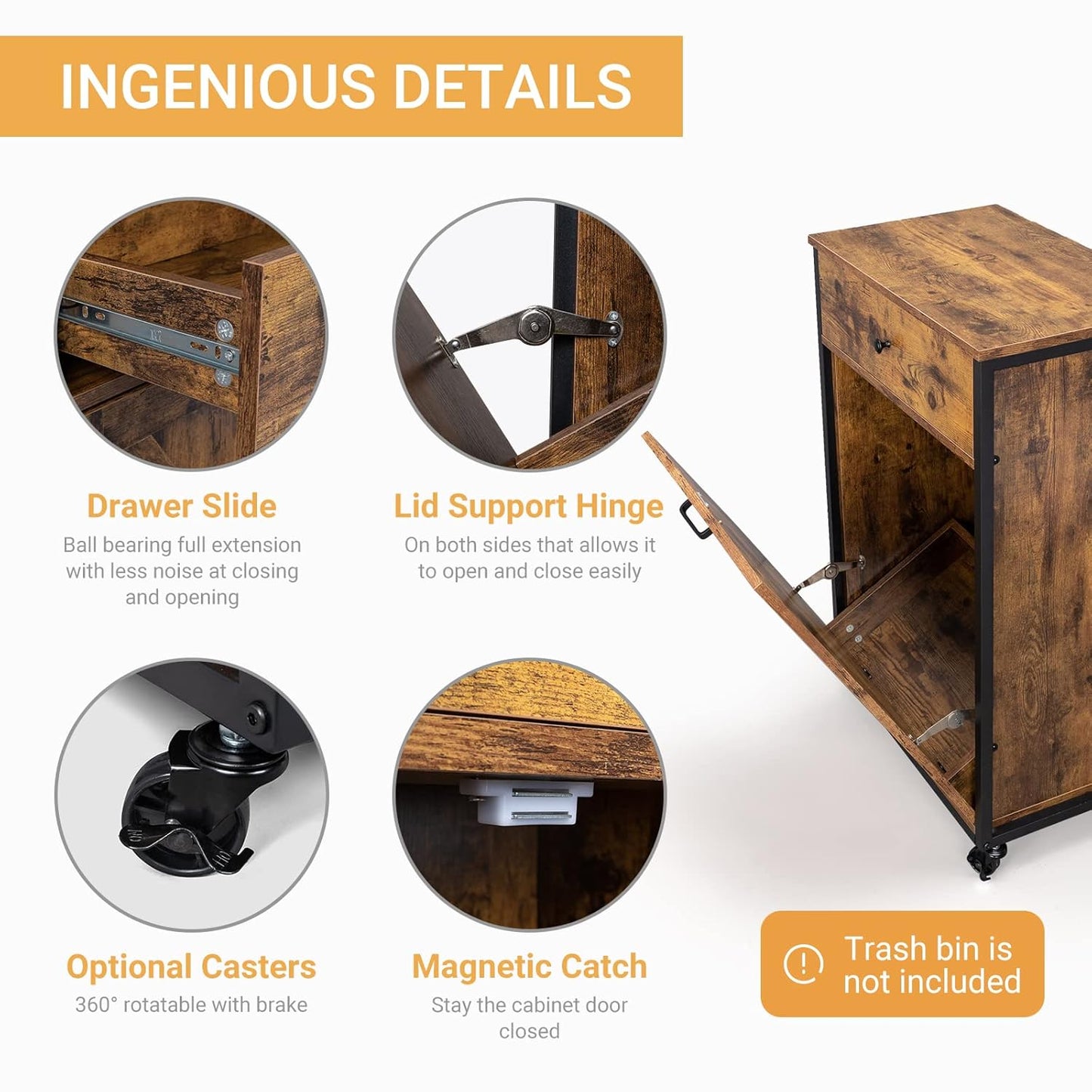 VINGLI 13 Gallon Tilt Out Trash Cabinet, Wood Hidden Trash Can Kitchen Cabinet with Drawer, Movable/Freestanding Pet Proof Storage Organizer, Laundry Basket Living Room Storage, Rustic Brown