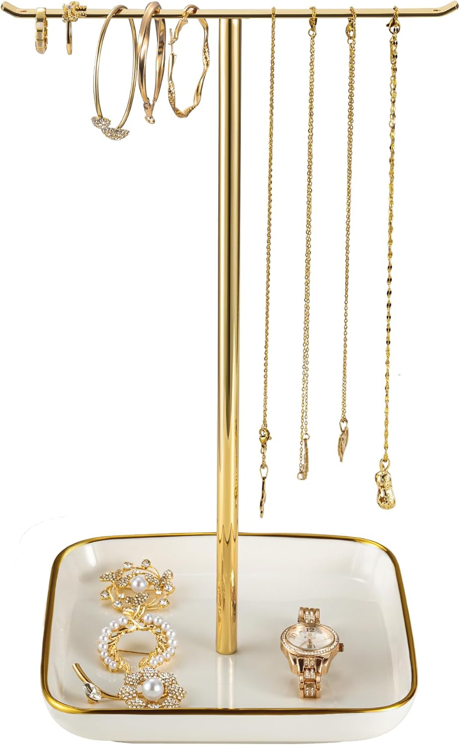 Jewelry Holder Stand with Ceramic Base: 12" Tall Necklace Organizer Rack, Tree Design Display Storage for Necklaces, Bracelets, Rings, Earrings, Aesthetic Room Décor for Girls and Women, Gold