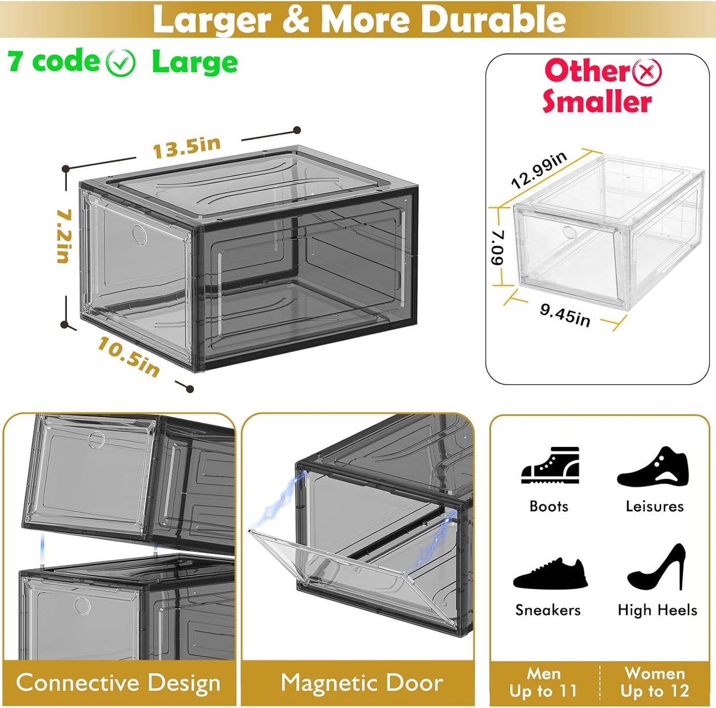7 code Large Clear Shoe Boxes Organizer【Thicker Material】 Stronger Shoe Box with Magnetic Door, Stackable Shoe Storage Box for Closet, Foldable Space-Saving Storage Bins Shoe Cabinet, Black 9-Pack