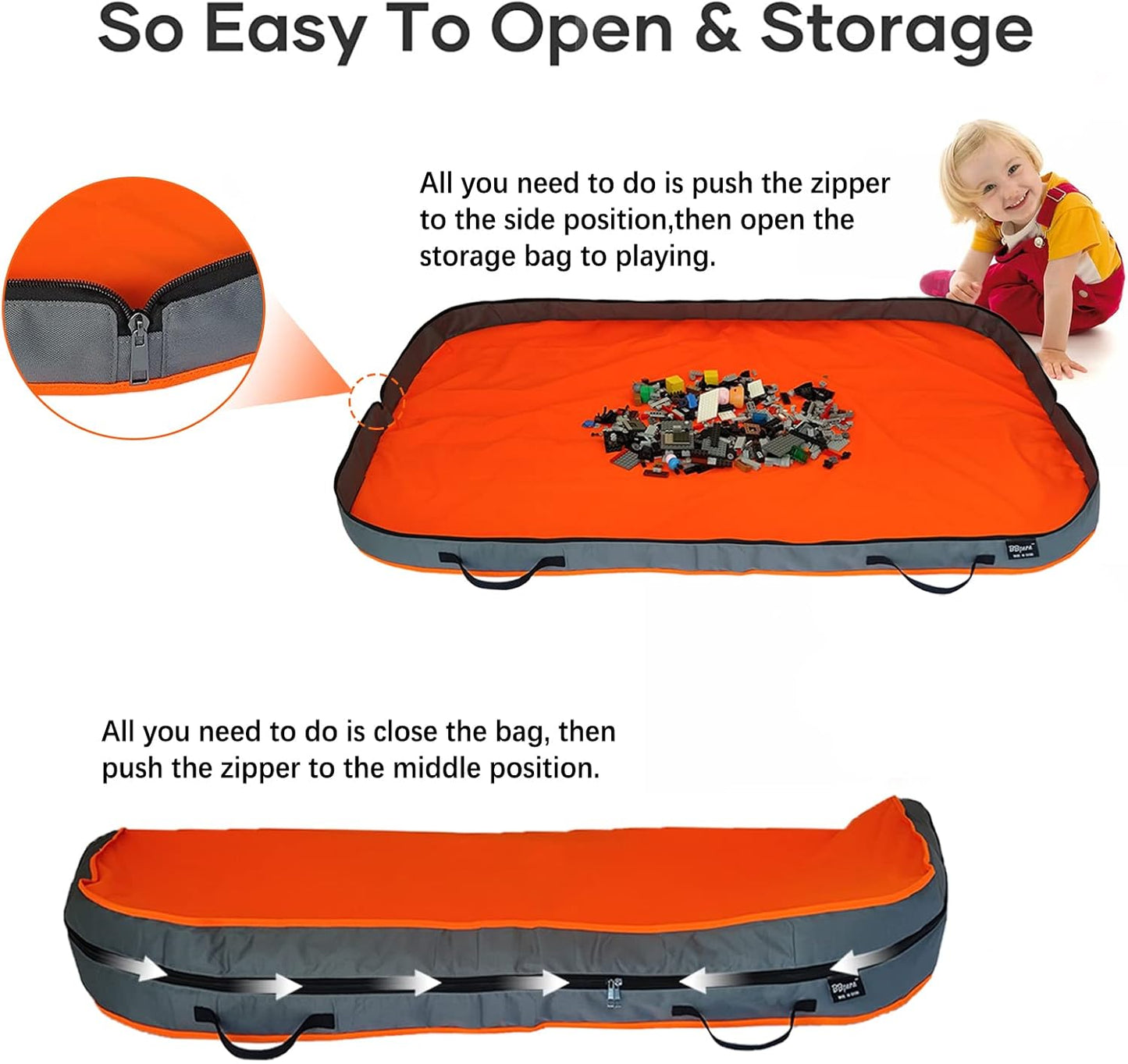 Toy Storage Basket Play Mat for Building Bricks & Blocks - Toy Storage Bags Play Mat with Zipper - Easy use to keep the Kids Rooms neat & tidy - 55 Inches Large size - Orange