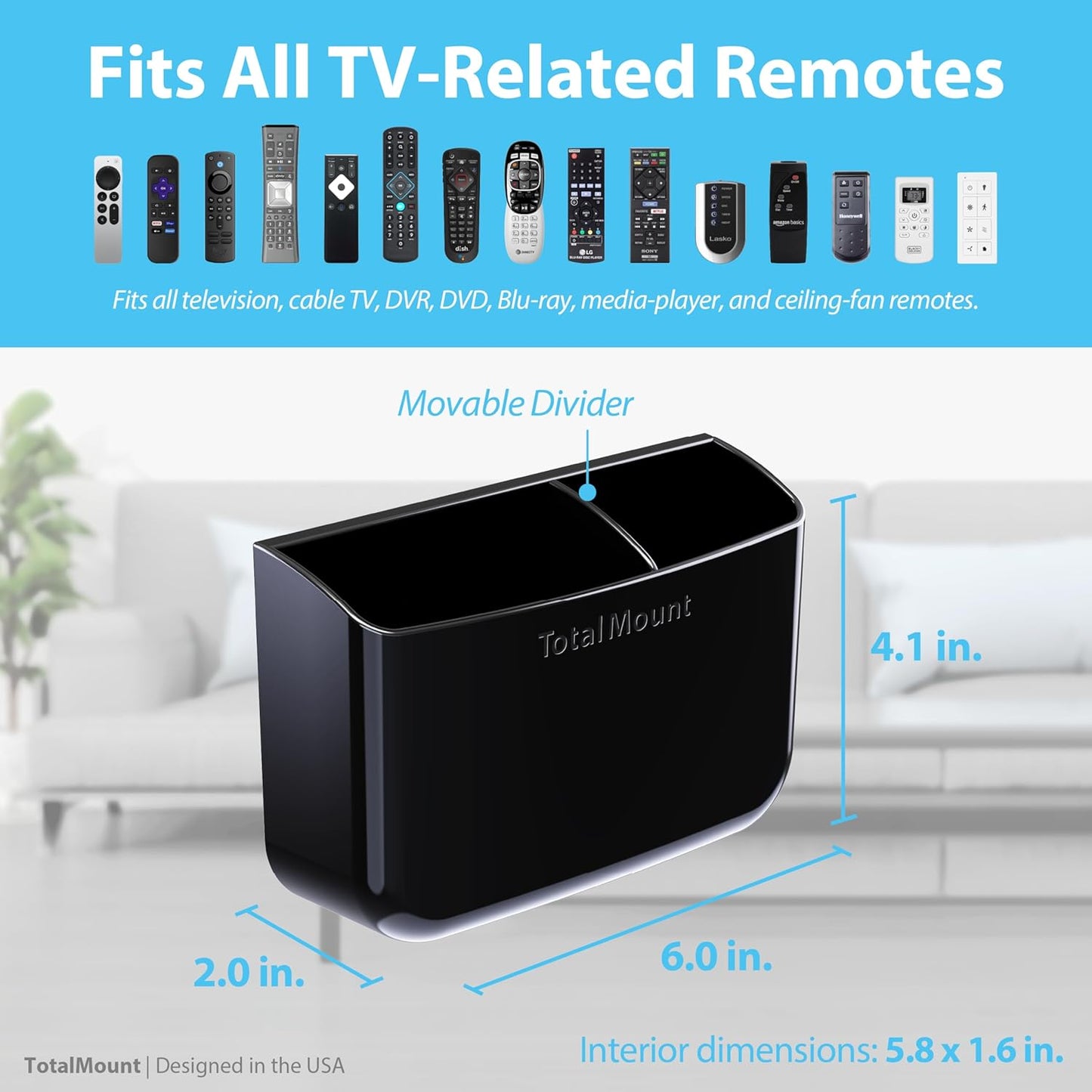 TotalMount Hole-Free Remote Holder – Eliminates Need to Drill Holes in Your Wall (Premium Black Holder for 2 or 3 Remotes)