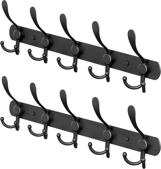 Coat Rack Wall Mount with 5 Tri Hooks, Stainless Steel 16 Inch – Black Matte Finish, Heavy Duty Wall Mounted Hook Rack for Coats, Hats, Towels, Scarves, Robes, Bags, Entryway & Bathroom - 2 Pack