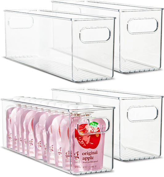 primebox Plastic Food Storage 4 Pack Clear Container Bin with Handles for Organizing Kitchen, Pantry, Refrigerator, Freezer, Pantry, Cabinet, Closet, Bathroom. 14”x4”x5”