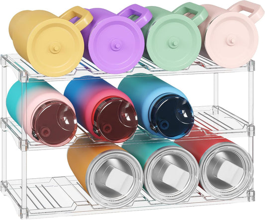 Lifewit Stackable Water Bottle Storage Organizer, Clear Tumbler Cup Mug Organizer, Plastic Large Compartment Wine Rack for Fridge Cellar Kitchen Pantry Storage, 3Tier Hold 12