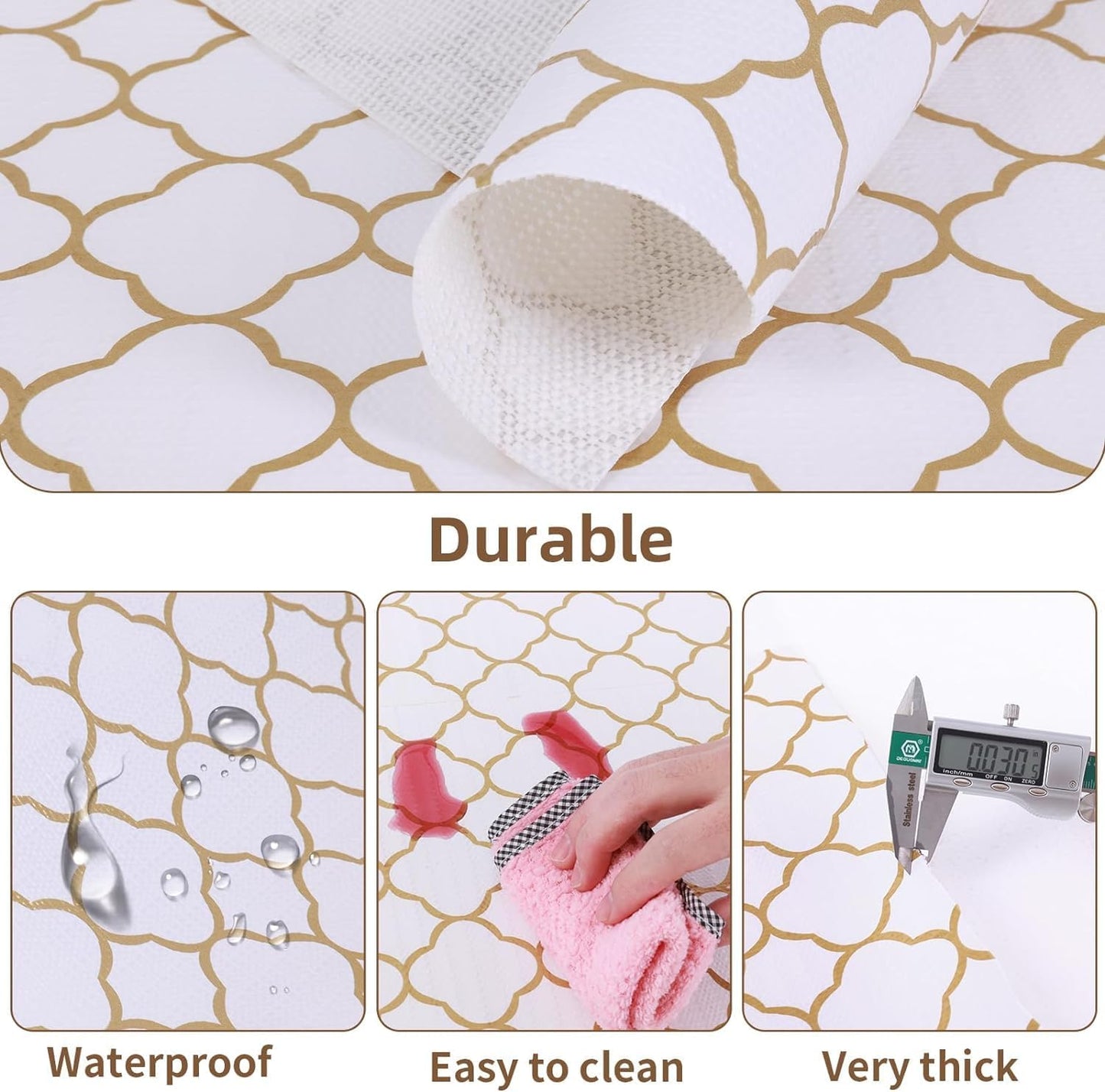 Shelf Drawer Liners for Kitchen Cabinets Non Adhesive Drawer Liner Thickened Refrigerator Liner Gold Quatrefoil Strong Non-Slip Paper for Tool Box with Knife and Tape Measure,11.8 x 354.3 Inches