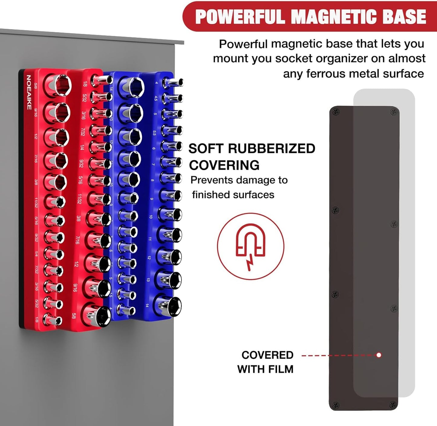 Magnetic Socket Organizer, 4-Pack Metric SAE Holder Set 1/4", 3/8" Drive Socket Trays, Holds 108 Pcs Standard and Deep Size Sockets(Socket not Included)