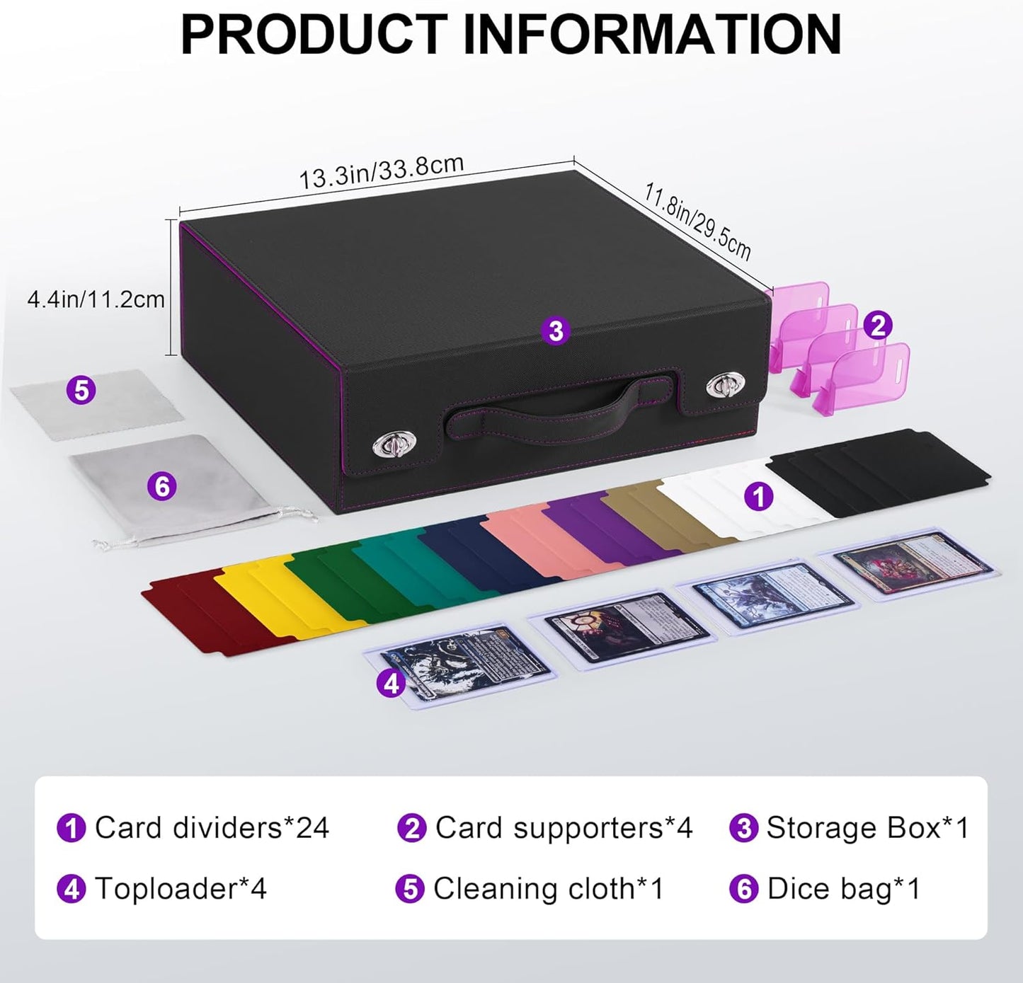 Trading Card Storage Box with Portable Handle, 3000+ MTG Storage Box with 4 Card Stoppers Commander Display Deck Box Card Case Top Loaders MTG TCG Sports Cards Commander Deck Box(Black&Purple)