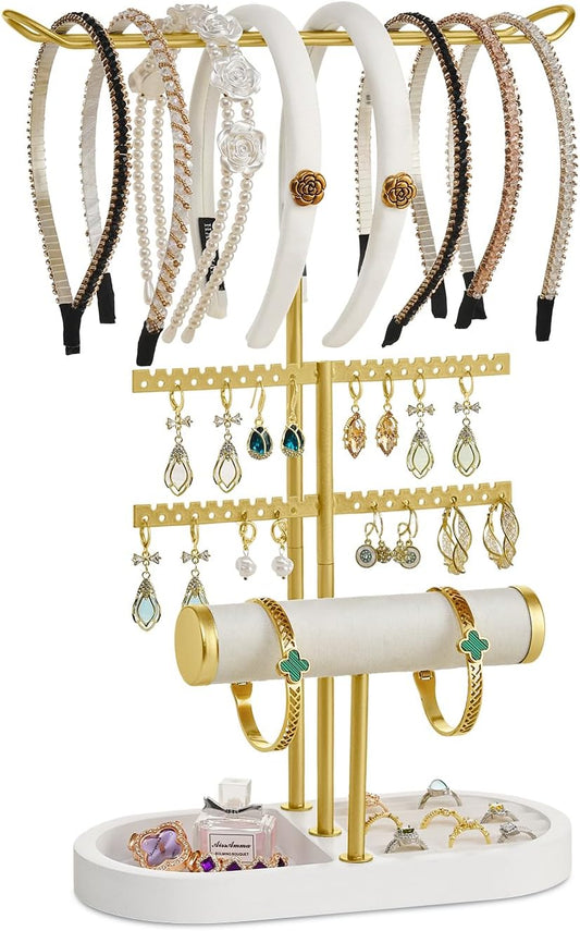 3 Tiers Jewelry Organizer, Earring Holder Organizer with 80 Holes, T-Bar Beige Velvet Bracelet Holder for HeadBands, Earrings, Bracelets, Rings Jewelry Holder Organizer- White Gold