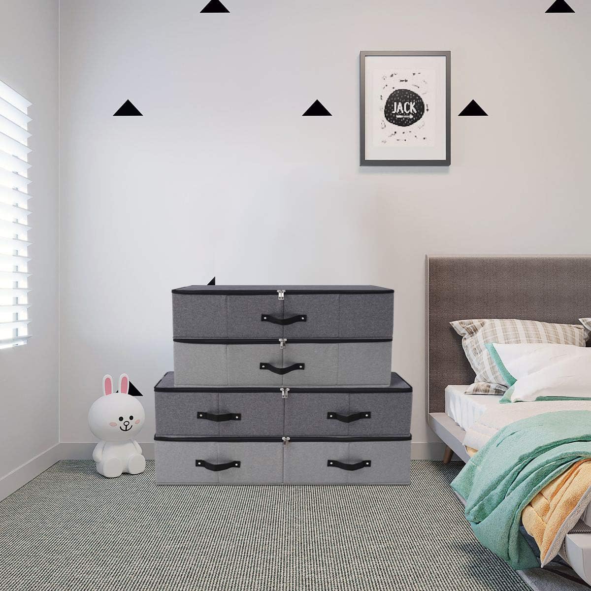 Omygarden 2PCS Foldable Blankets Clothes Comforters Storage Bin Organizer with Plastic Support Liner for Blankets, Towels, Comforter, Sweaters, Linen Sheets, Wrapping Paper, Black Grey