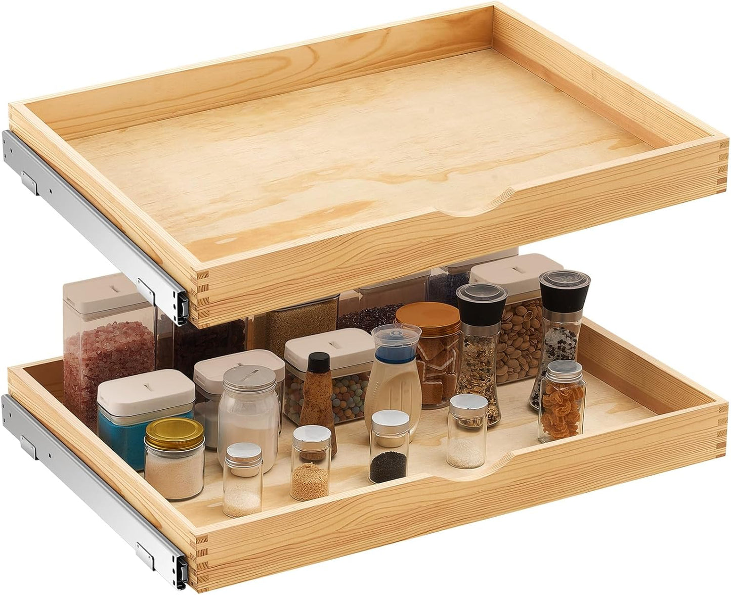 Menkxi 2 Set Pull out Tray Cabinet Organizer Wooden Pull Drawers storage Slide out Pantry Shelf for Base Cabinet Kitchen Gentle Close Fully Assembled Accessories (Wood Color,30'' X 21'' X 3")