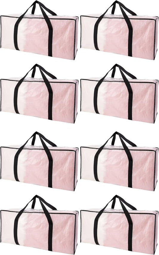 Extra Large Moving Bags with Zippers & Carrying Handles, Heavy-Duty Storage Tote for Space Saving Moving Storage, Fold Flat, Alternative to Box and Bin - 8 Pack, Semi-Transparent
