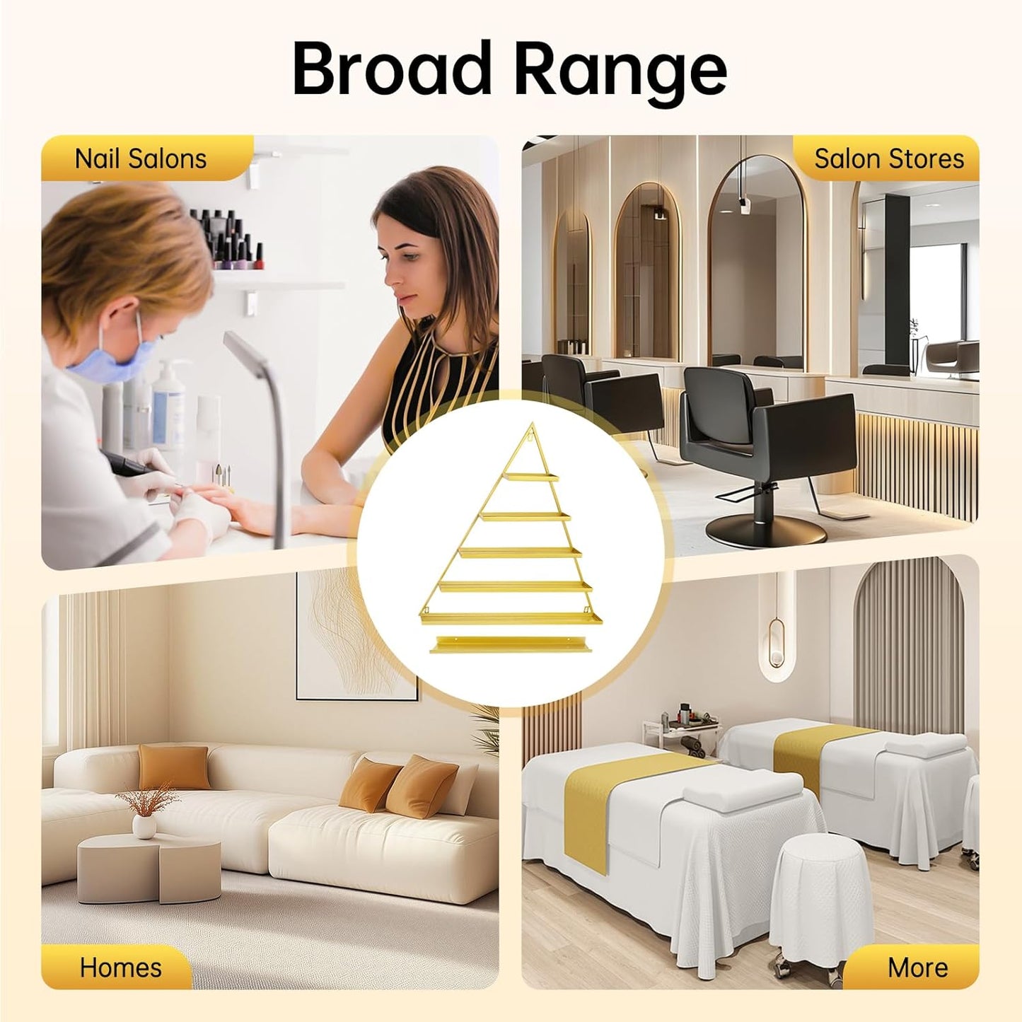 Elegant Gold Wall Mounted Nail Polish Rack - Set of 6 Triangular Cosmetic Display Shelves for Essential Oil Bottles, Organize Your Lipsticks and Perfumes in Style at Home or Salon (Gold)