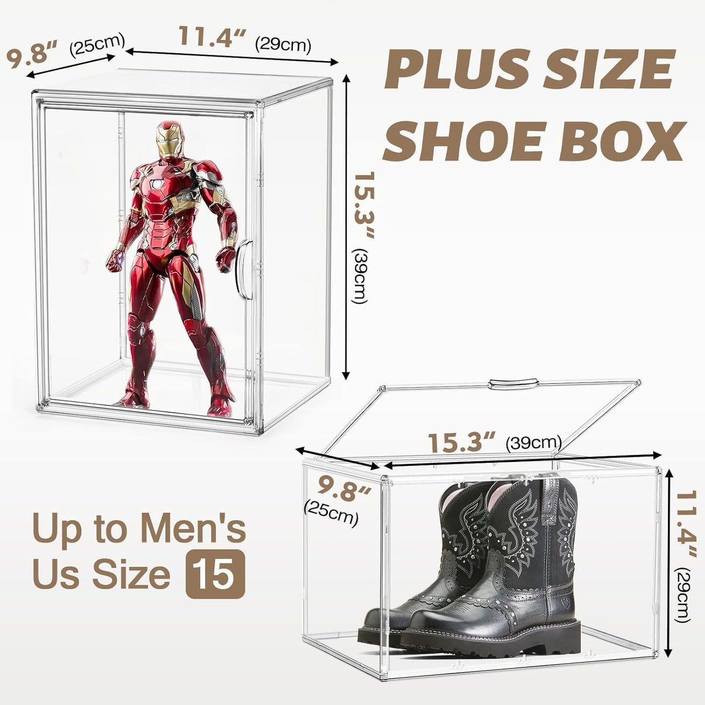 Tall Boot Storage Box 5 Pack, XX-Large Acrylic Shoe Box Sneaker Display Case 11.4'' x 9.8'' x 15.3'' Protection Organizer for Collectibles Clear Plastic Stackable Handbag Organizer with Magnetic Lids