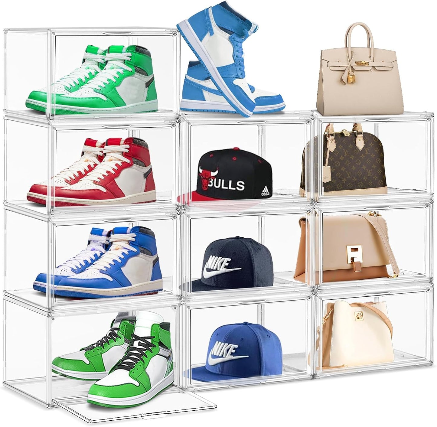 10 Pack Large Acrylic Shoe Box, Size 13 Sneaker Display Case Clear Stackable Display Case with Magnetic Door Toy Hat Collectible Sneakerheads Storage Organizer Bins for Entryway, Closet, Underbed