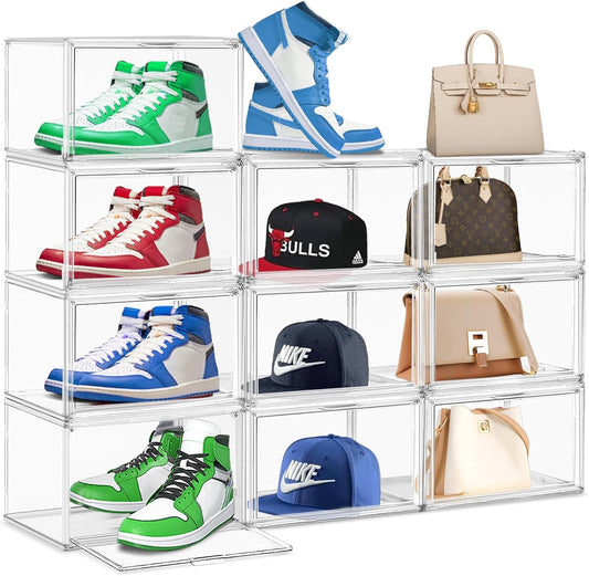 10 Pack Large Acrylic Shoe Box, Size 13 Sneaker Display Case Clear Stackable Display Case with Magnetic Door Toy Hat Collectible Sneakerheads Storage Organizer Bins for Entryway, Closet, Underbed