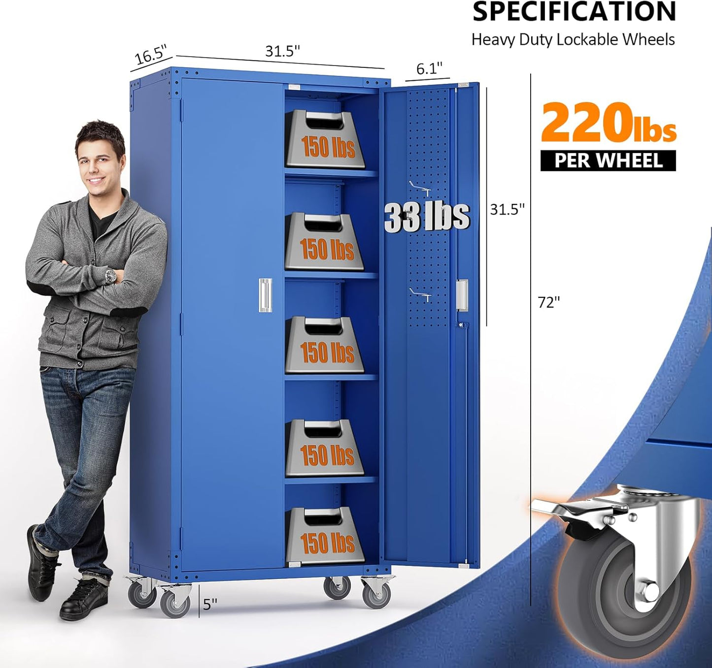 VINGLI 72'' Tall Metal Garage Storage Cabinet with Pegboards, Wheels, Locking Doors and Adjustable Shelves, File Cabinet/Tool Cabinet for Home Office/School (Blue, 32W x 16D x 72H)