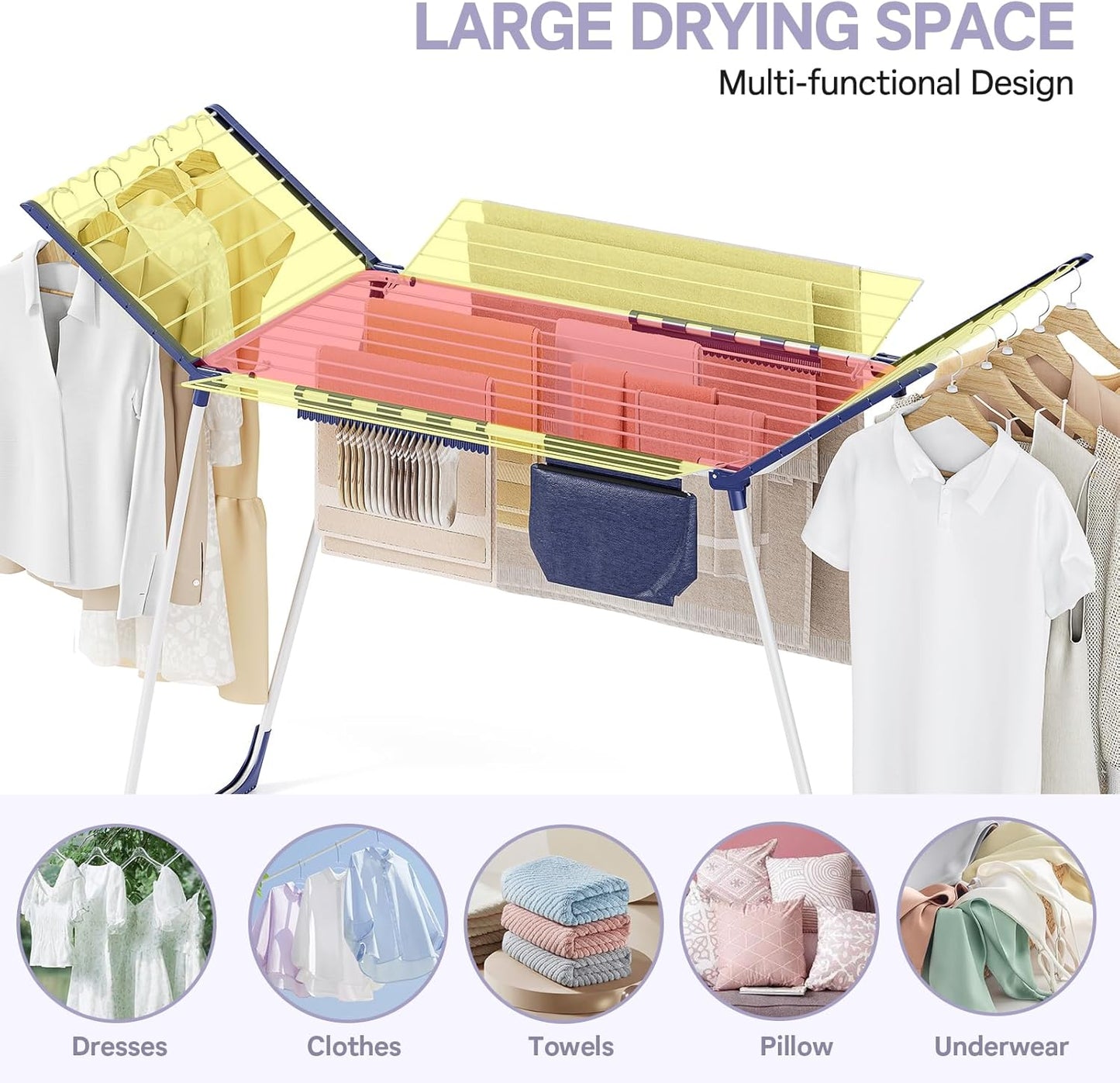 APEXCHASER Clothes Drying Rack Foldable - Drying Rack Clothing Large Space, Winged Laundry Rack with Sock Clips for Hanging Towels Clothes Dress Bedding Indoor Outdoor, White