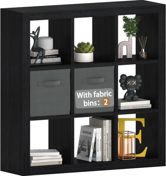 Bookshelf with Storage Bins, 9-Cube Storage Organizer Sturdy Wooden Bookcase Open Book Shelf, Multifunctional Cubicle Rack for Storage & Display, Furniture for Living Room Bedroom Office, Black