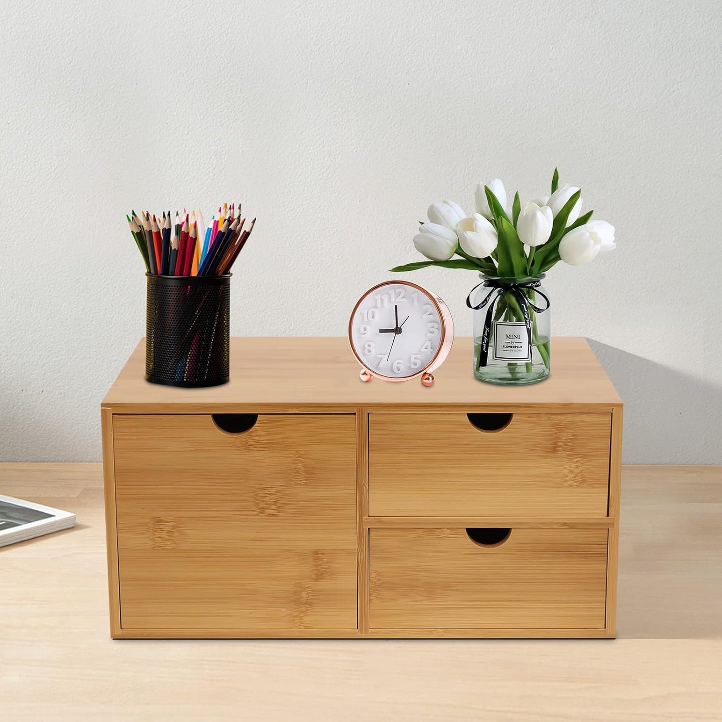 TFCFL Bamboo Desk Organizer with 3 Drawers, Wood Desktop Storage Box for Office Supplies, Natural Bamboo Drawer Organizer with Flat Top for Pen, Mail, Stationery Home Office Organization