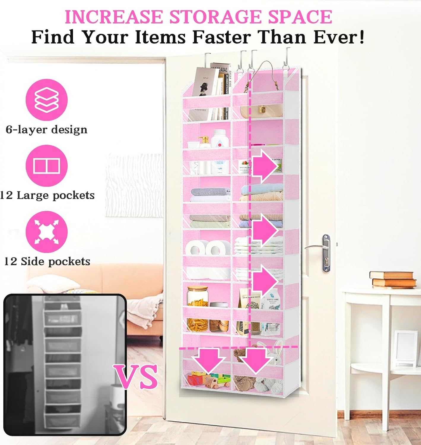 Over The Door Organizer 6 Tiers, Extra Large Behind Door Storage of 12 Compartments, 80 lbs Weight Capacity Hanging Storage Organizer with Clear Window Kids Toys,Shoes,Diapers,Room Storage,Pink