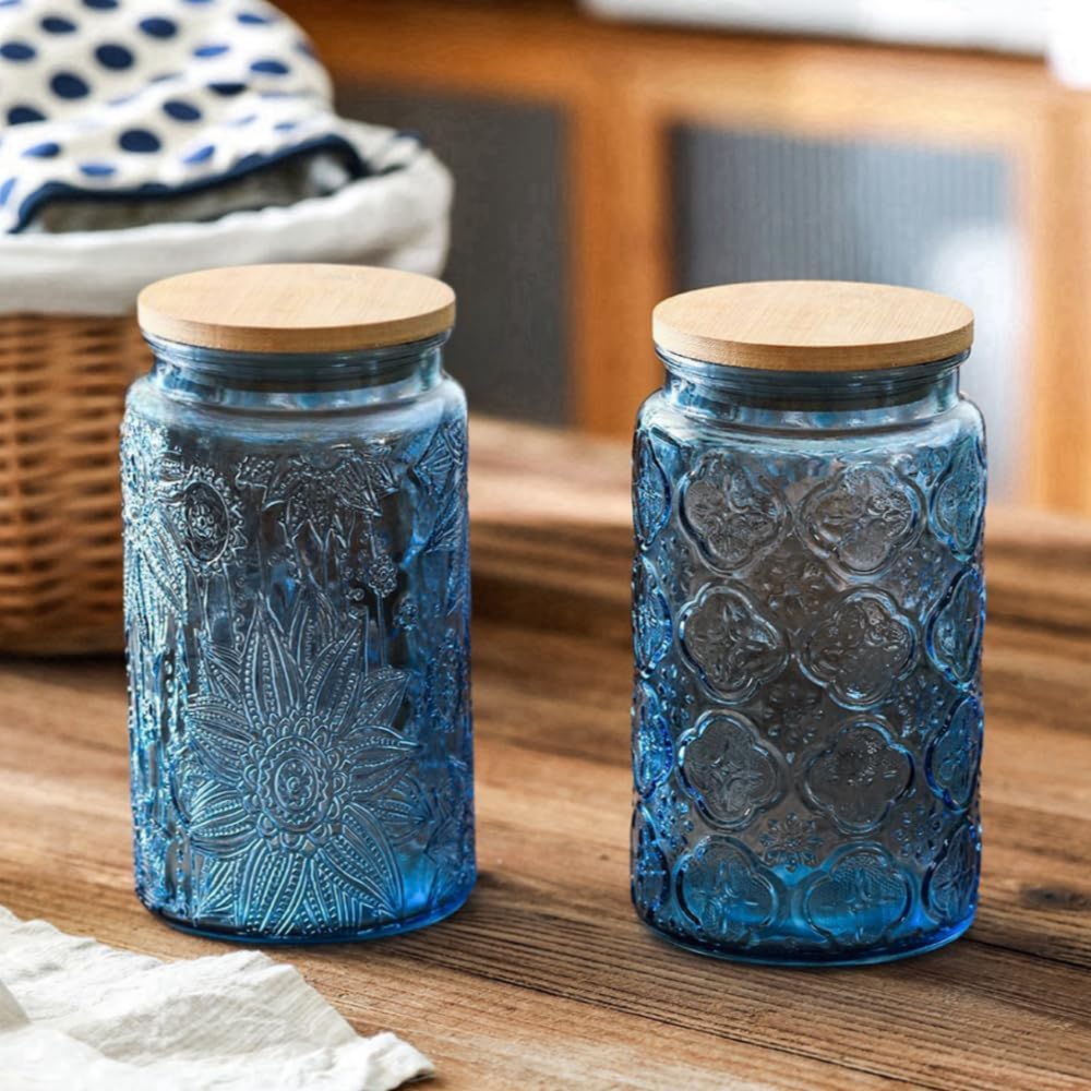 ANSQU 34oz Blue Glass Container, Candy Jar with Lid, Vintage Colored Mason Jars for Kitchen Decorative Jar for Coffee Tea Candy Cookies, Cute Jar (Blue, 1 Pack)