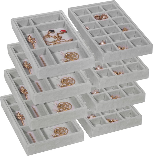 DIOMMELL 8 Pack Stackable Velvet Jewelry Trays Organizer, Jewelry Storage Box Display Trays Showcase Holder Closet Dresser Drawer Organizer for Earring Necklace Bracelet Ring Accessary
