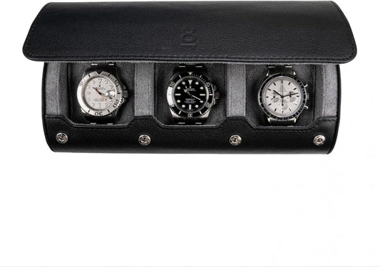 DailyWatch | Watch Roll Travel Case For 3 Watch | Luxury Watch Case In Genuine Black Leather With Soft Velvet Interior | Watch Case Protect, Store, & Display Your Watches | Black Grey