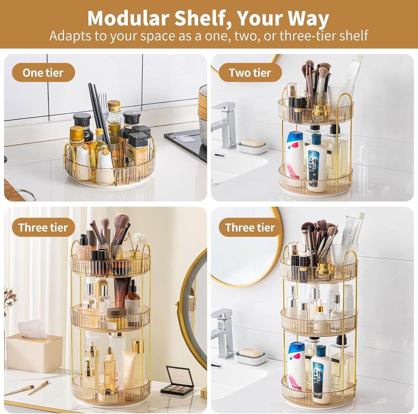 360° Rotating Makeup Organizer, Upgraded 3 Tier Skincare Perfume Organizers for Women, Bathroom Organizer Countertop, Clear Cosmetic Dresser Organizer with Makeup Brush Holder, Sink&Counter(Amber)
