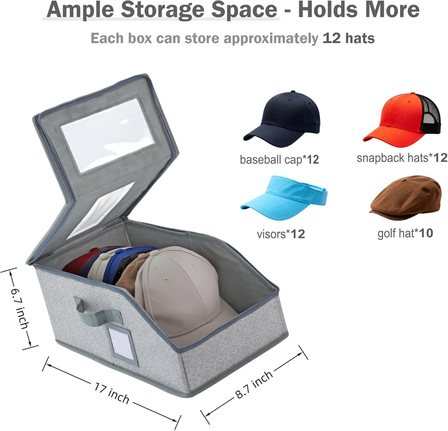 2 Pack Hat Boxes for Women and Men Storage,Fitted Perfect Curve Hats Organizers for Baseball Caps,Hat Holders for Closet,Stackable Hard Hat Travel Cases with Lids,Each for 12 Hats (Grey 2pcs)