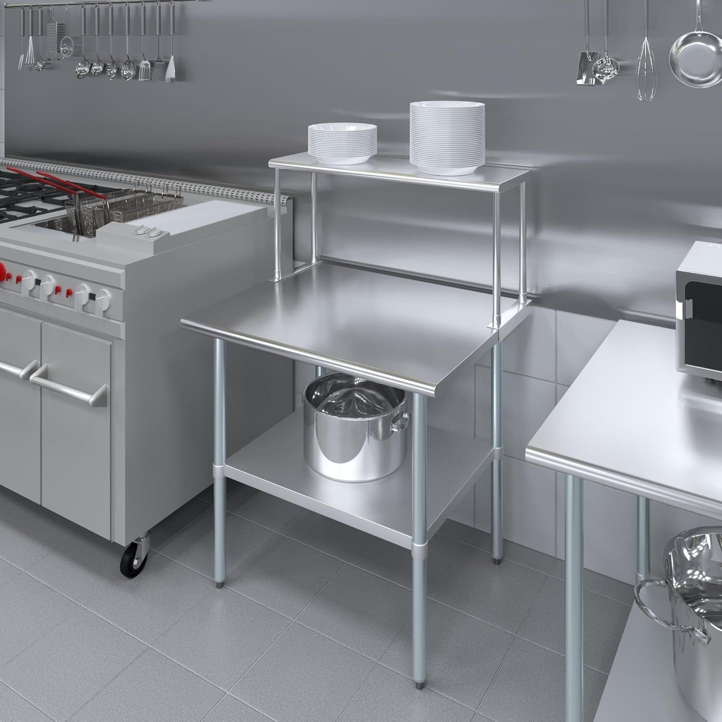 Stainless Steel Work Table with Wide Single Tier Overshelf | Metal Kitchen Prep Table & Shelving Combo (30" x 36" Work Table + 12" Overshelf)