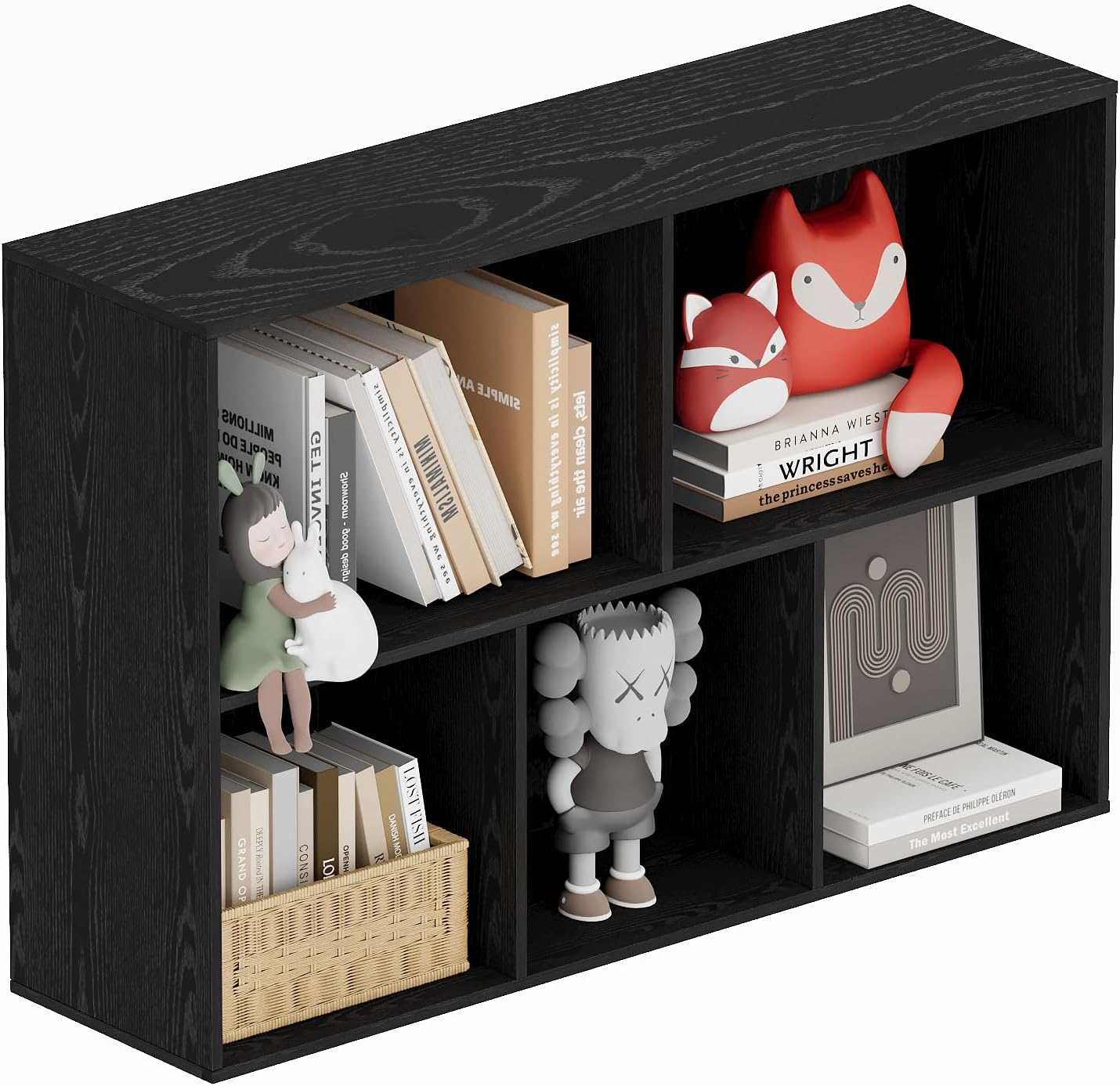 Book Shelf, Wooden Cube Storage Organizer with 11" Open Cubes, Stackable Modular Bookcase for Room Divider Storage, 2 Tier Bookshelf for Living Room, Bedroom, Office (Black, 5-Cube)