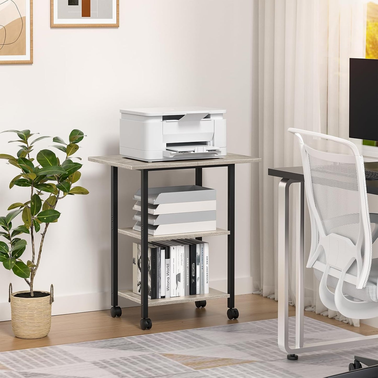 Lerliuo 3-Tier Printer Stand, Industrial Mobile Printer Table with Storage Shelf and Steel Frame, Rolling Printer Cart Holder with Lockable Wheels for Home, Office (Oak)