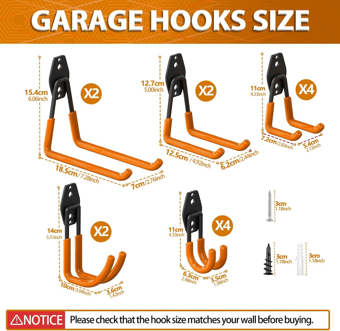 3-H Garage Wall Hooks 42 Pack, Heavy Duty Garage Hooks with Extra Welding Spots, Wall Mount Storage Organizer for Hanging Garden Lawn Tools, Ladder, Bike, WeedEater, Chair, Shovel, Blower (Orange)