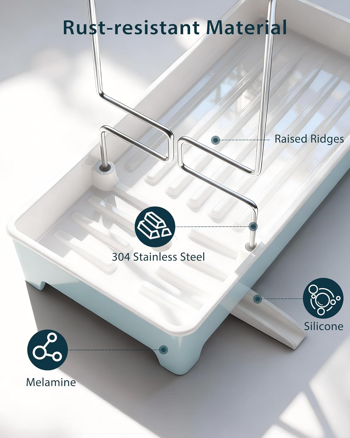 Ceramic-Look Sink Caddy, Rustproof Sponge Holder for Kitchen Sink with 304 Stainless-Steel Brush Holder, Countertop Rack Organizer with Raised Ridges & Silicone Drain Tube (Pastel Blue)