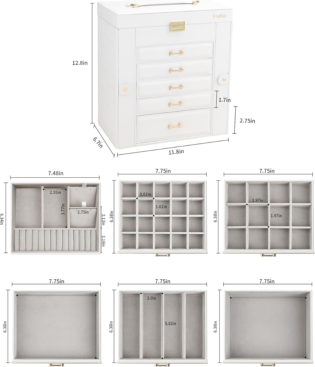 Jewelry Box with Mirror, White - Large Jewelry Organizer and Storage for Women