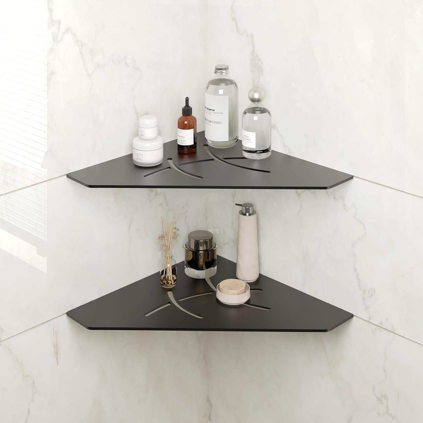 FerdY 2-Pack 10" Matte Black Recessed Corner Shower Shelf, for Tiled Bathroom Walls, Floating Shower Shelf, 304 Stainless Steel Shower Caddy Storage Shelves, No Drilling Required, Irregular Diamond
