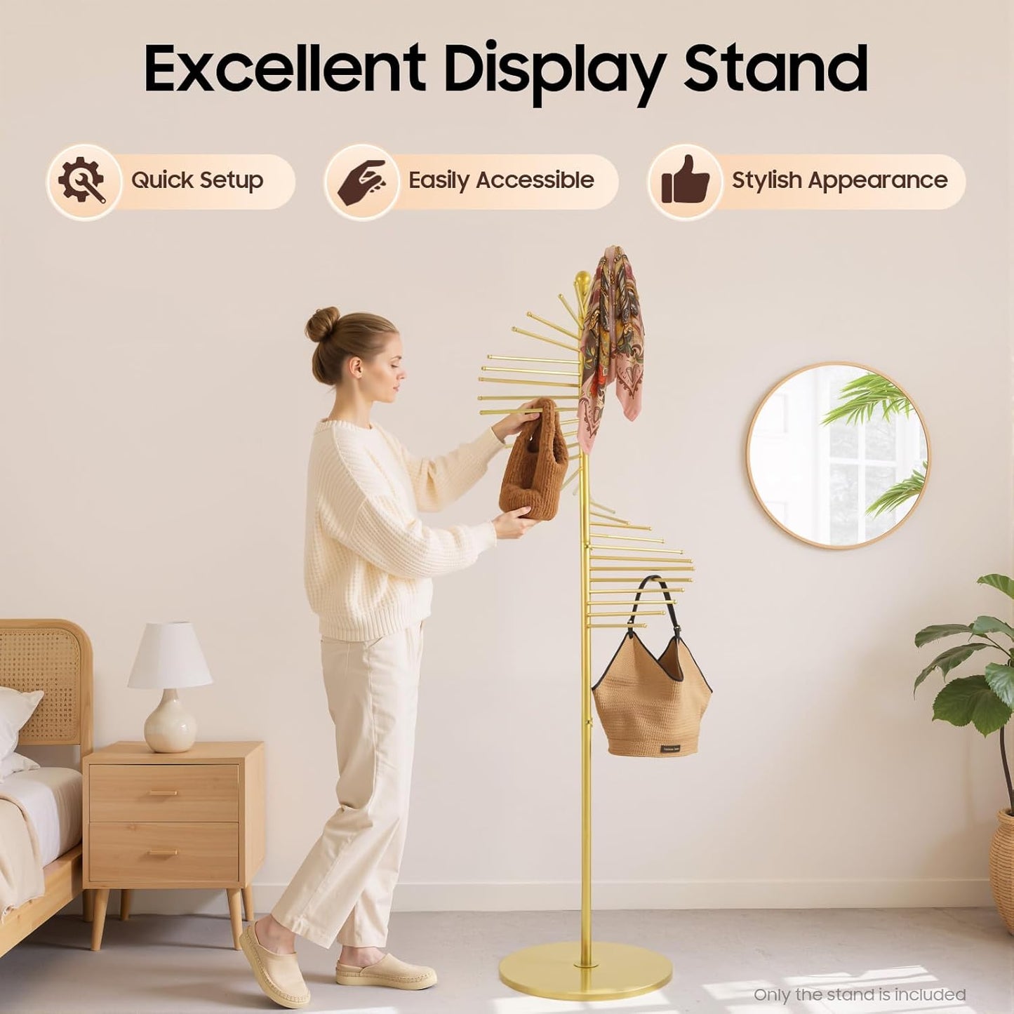 Freestanding Scarf Display Rack, Metal Spiral Scarf Holder with 30 Rods, Hijab Stand Belt Pants Hanger Organizer for Locker Room, Home, Office, Commercial Shopping Mall, Clothing Store (17X67in Gold)