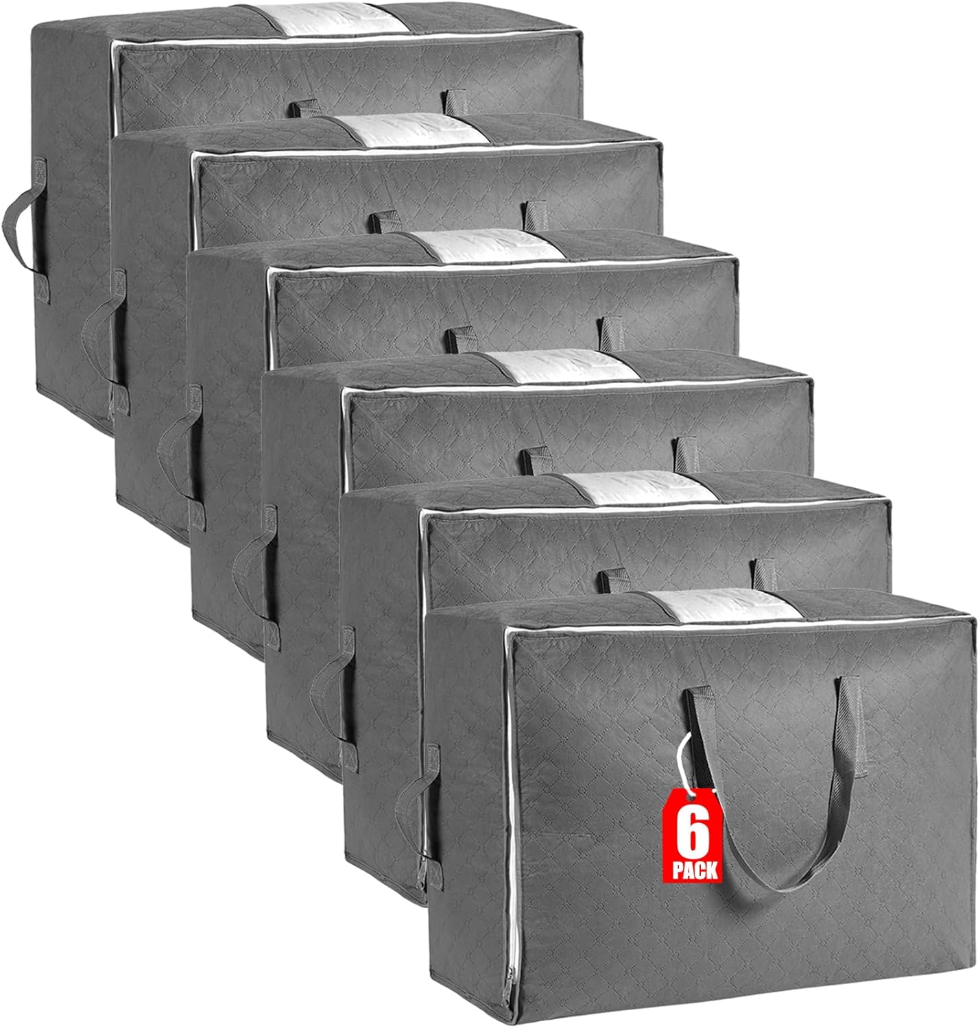 105L Extra Large Storage Bags for Blankets, King Comforters, Bedding, Clothes, Pillows, Sheets - Closet Organizers and Storage with 4 Handles & Clear Window, Foldable & Breathable (Grey, 6pack)