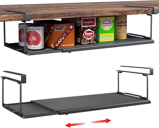 Expandable Under Cabinet Shelf, Extendable Under Shelf Storage with 0.94 Inches Thick Clips for Pantry Cabinet, Laundry Room, Shoe Rack. (Black, 2 Pack, Interior: 3.66" H x 8.26" D)