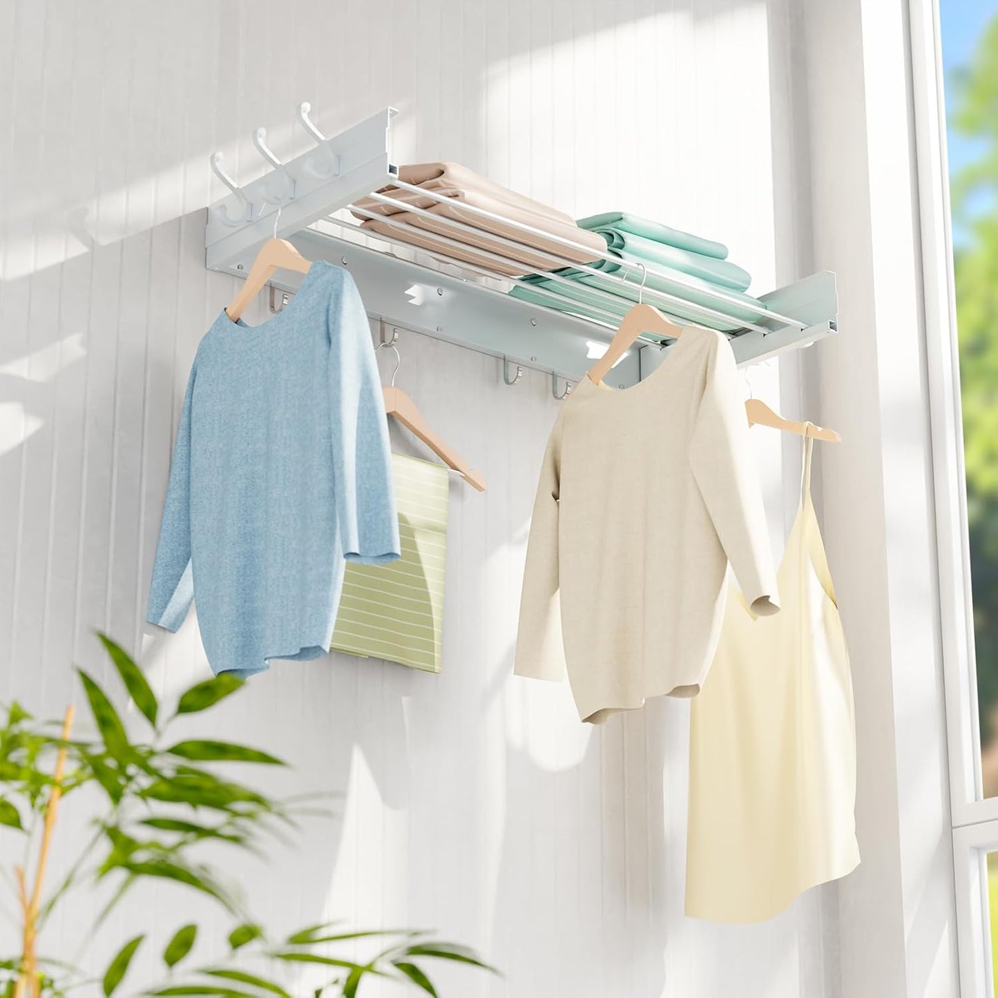 BAKON Wall Mounted Drying Rack, Indoor Outdoor Foldable Wall Mounted Clothes Drying Rack, Concealed Wall Drying Rack - Space Saving for Storage and Drying Clothes, 6 Hooks, 5 Poles (31.5"【Upgrade】)