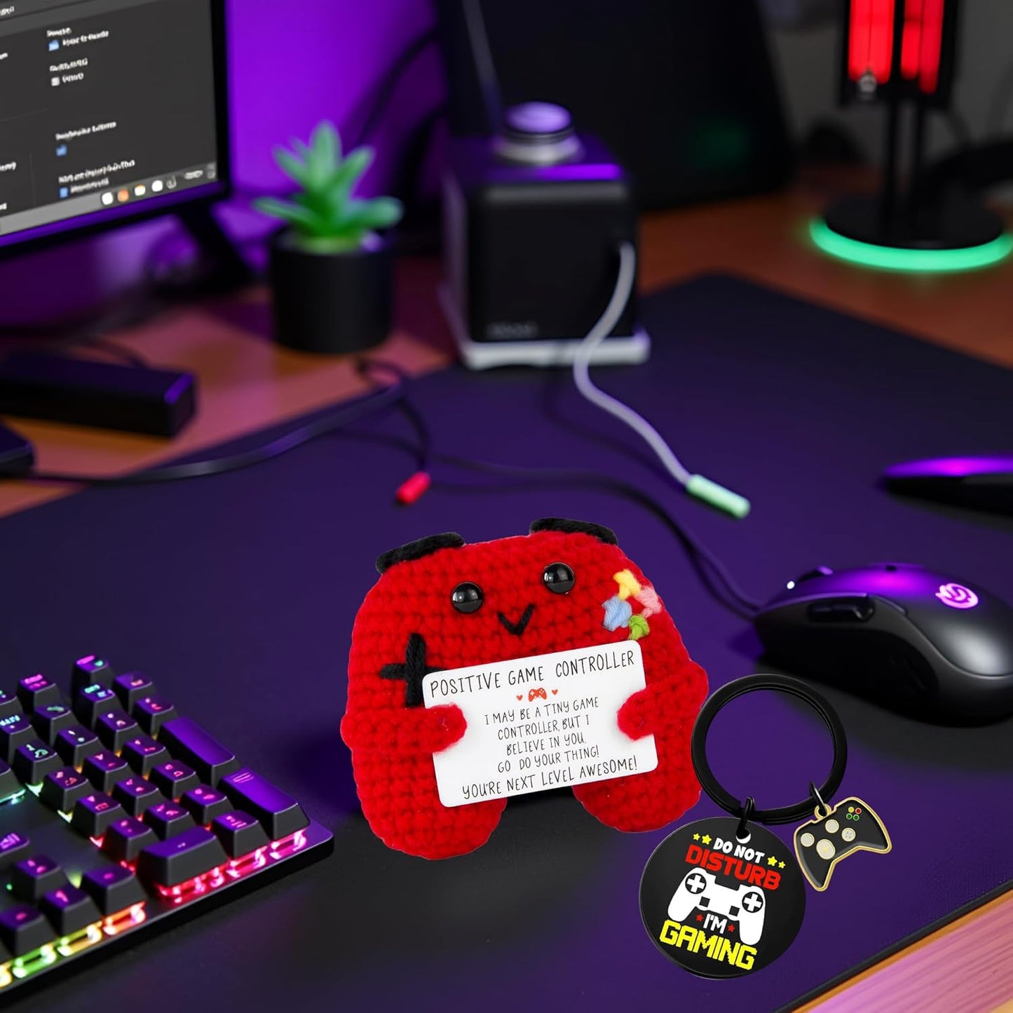 Gamer Gifts Positive Crochet Game Controller and Inspirational Keychain, Unique Teenage Boy Gifts Idea, Gaming Gift Set with Gamer Keychain, Birthday Gift Emotional Support Crochet for Game Lovers