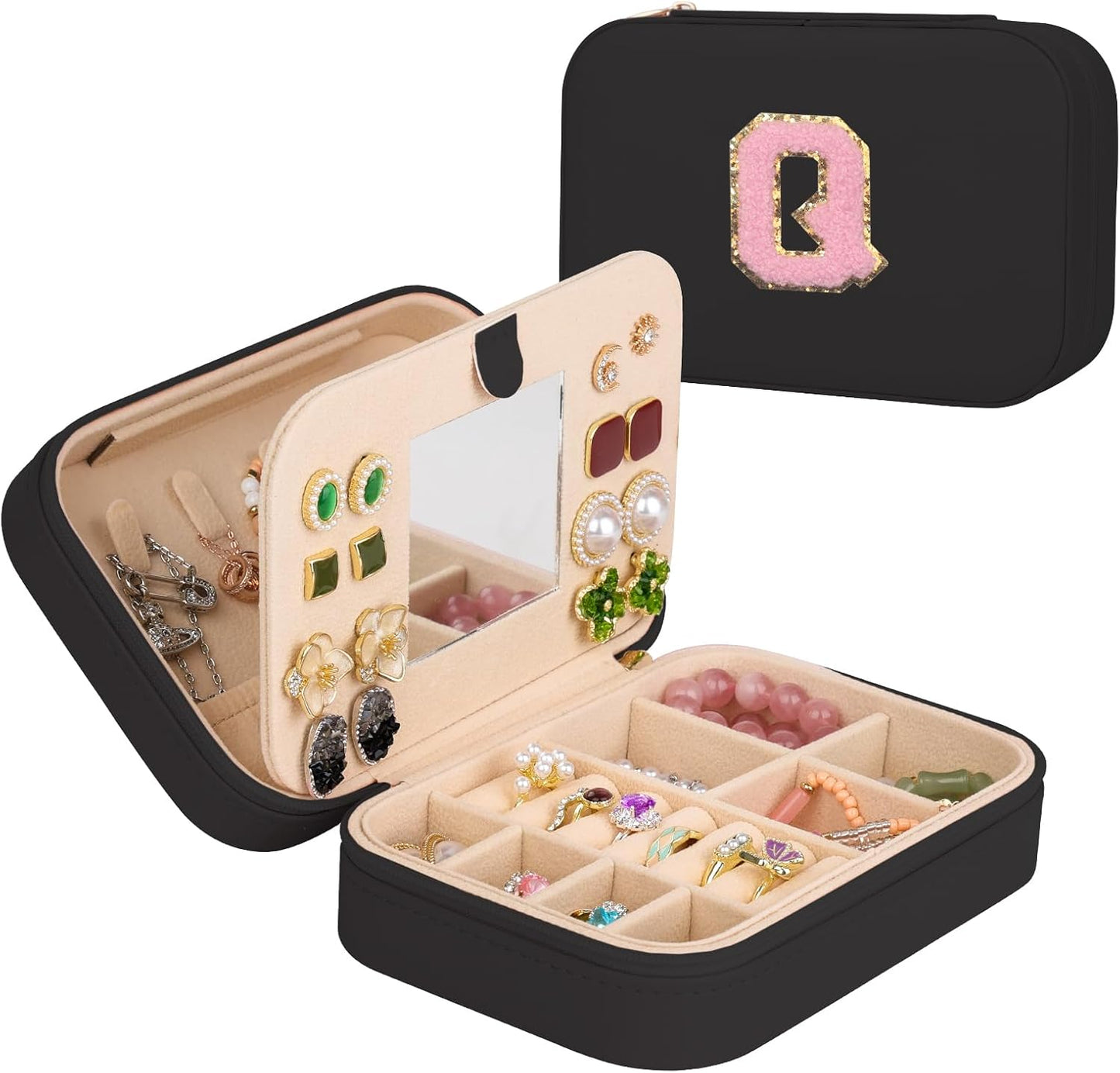 TopPerfekt Travel Jewelry Case, Jewelry Box with Mirror, Jewelry Organizer Bridal Shower Gifts to Her, Earring Storage Travel Case, Trendy Gift for Women and Girls, Girlfriend-Letter Q, Black