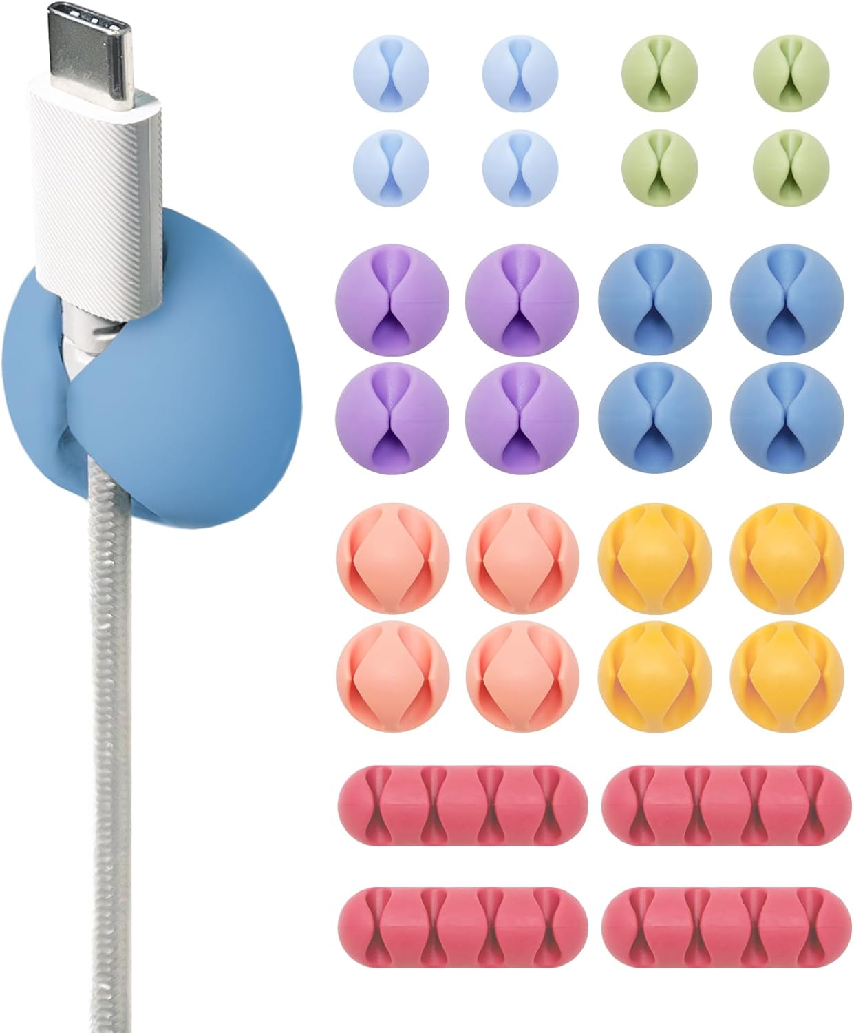 Wrap-It Storage Cable Clips - (Assorted 28-Pack) Macaron - Desk and Nightstand Cable Holder for Phone and Bedside Table Cord Organizer