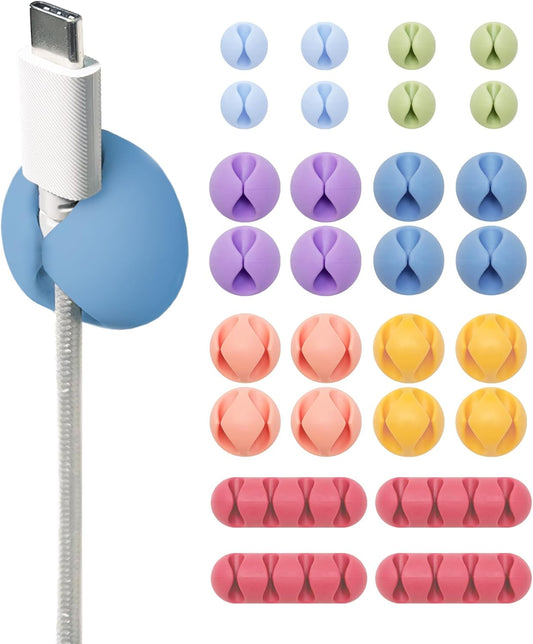Wrap-It Storage Cable Clips - (Assorted 28-Pack) Macaron - Desk and Nightstand Cable Holder for Phone and Bedside Table Cord Organizer