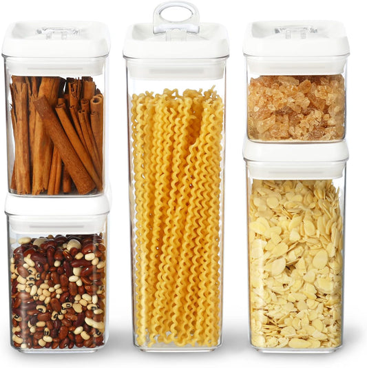 Felli Flip Tite Storage Container with Lid 4" Airtight Ring Seal Top, Stackable Acrylic Canister Jar Set for Kitchen Pantry Organizer, Food Spice Pasta Snack, Christmas Gifts for Her (5pk, Variety)