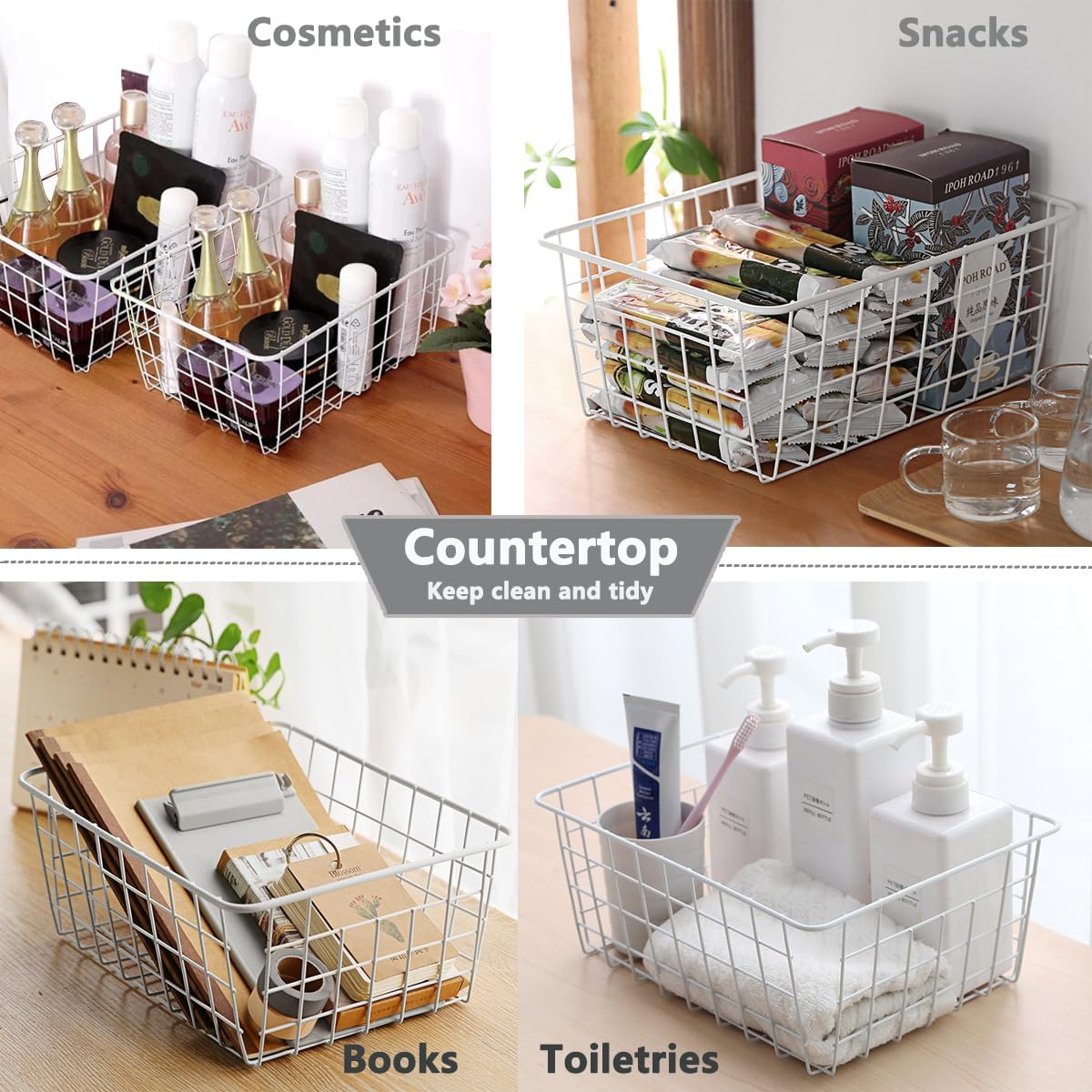 4 Pack White Wire Baskets for Organizing Office Wire Storage Basket White Metal Storage Baskets for Pantry Kitchen Bins Freezer