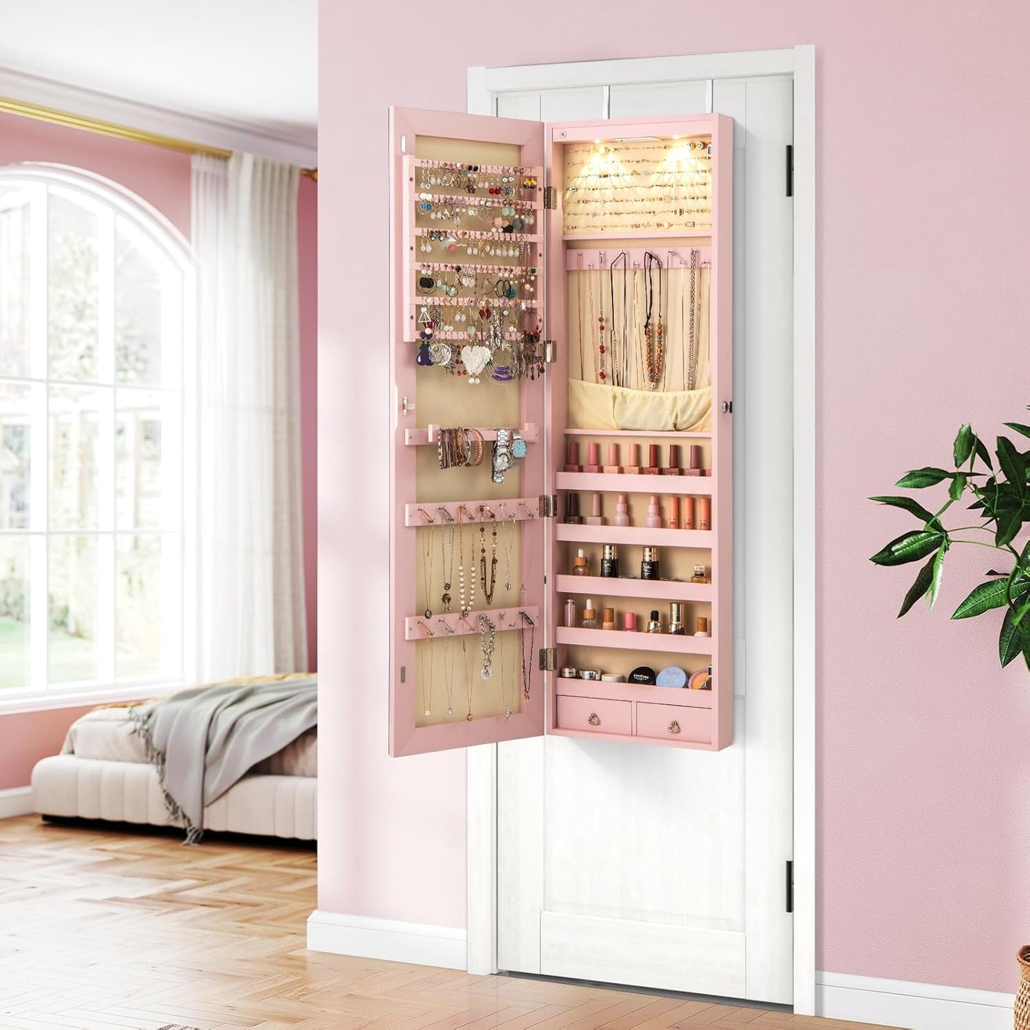 Giantex Wall Door Mounted Jewelry Armoire Cabinet with 47.5" Full Length Mirror, 2 LEDs Lockable Jewelry Organizers and Storage, Over the Door Jewelry Organizer Cabinet with 2 Drawers (Light Pink)