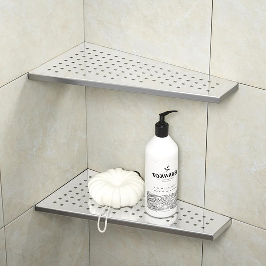 Corner Shower Shelf 12" Polished 304 Stainless Steel Recessed Trapezoid Grout in Shelves with Grid Design Bathroom Shelf Racks for Tiled Wall, 2 Pack